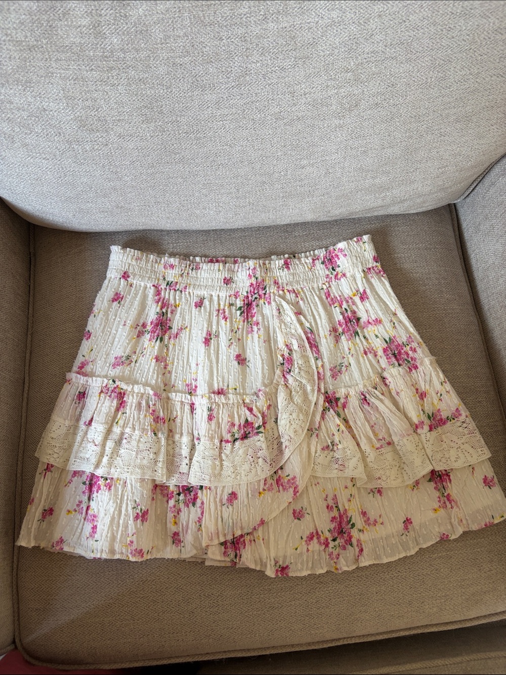 LoveShackFancy Cream Mini Skirt with Pink Floral Print